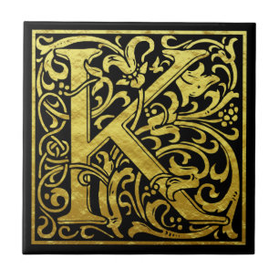 Letter K First Letter Faux Gold Black Tile