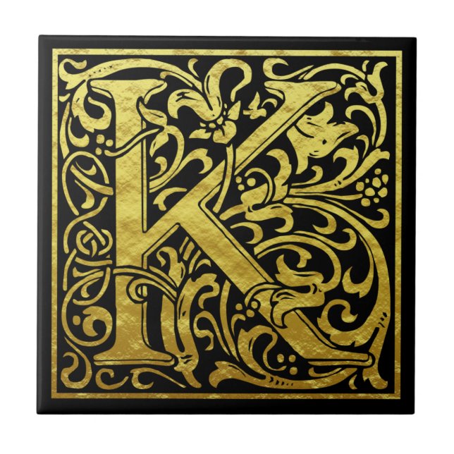 Letter K First Letter Faux Gold Black Tile (Front)