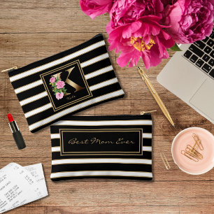 Letter K Floral Monogram Black White Gold Stripes Accessory Pouch