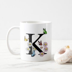 Letter K Floral Watercolor Butterfly Monogram Coffee Mug