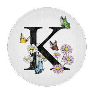 Letter K Floral Watercolor Butterfly Monogram Cutting Board