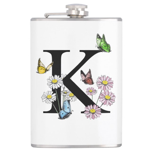 Letter K Floral Watercolor Butterfly Monogram Hip Flask (Front)