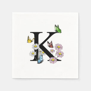 Letter K Floral Watercolor Butterfly Monogram Napkin