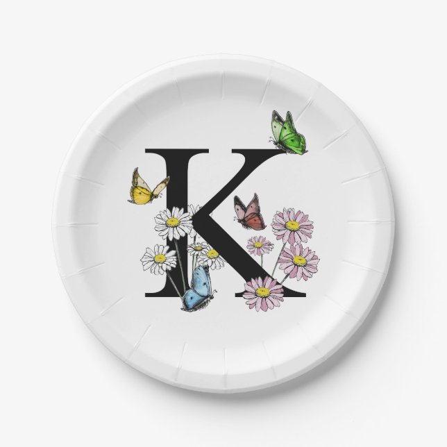 Letter K Floral Watercolor Butterfly Monogram Paper Plate (Front)