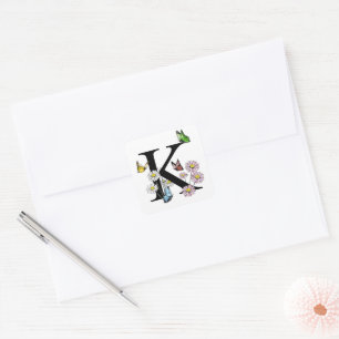 Letter K Floral Watercolor Butterfly Monogram Square Sticker
