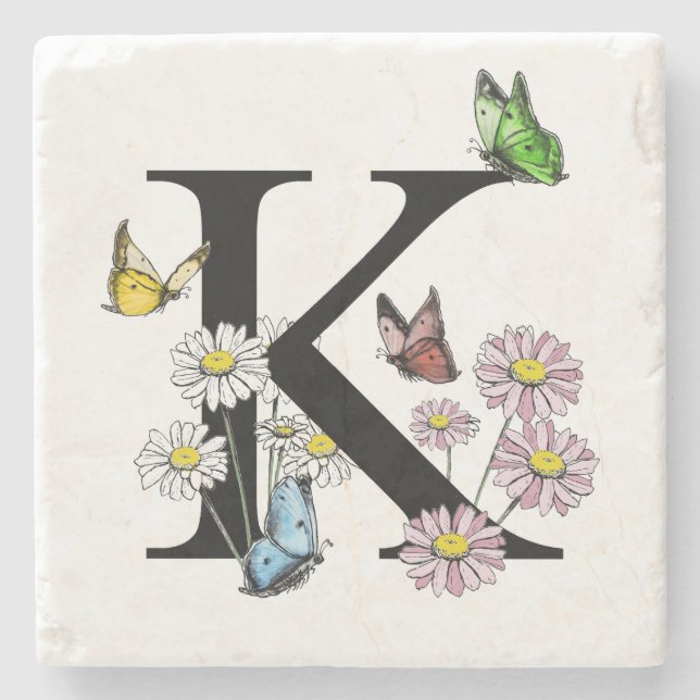 Letter K Floral Watercolor Butterfly Monogram Stone Coaster (Front)