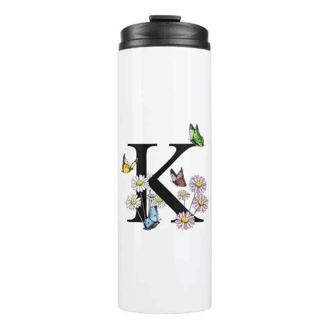 Letter K Floral Watercolor Butterfly Monogram Thermal Tumbler (Front)
