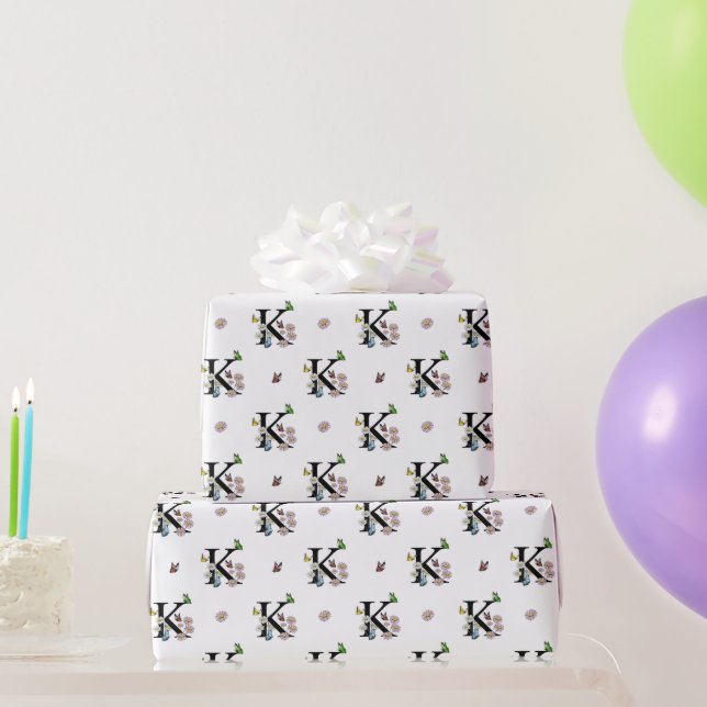 Letter K Floral Watercolor Butterfly Monogram   Wrapping Paper (Party Gifts)