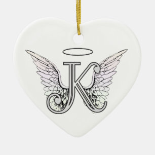 Letter K Initial Monogram with Angel Wings & Halo Ceramic Tree Decoration