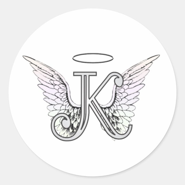 Letter K Initial Monogram with Angel Wings & Halo Classic Round Sticker (Front)