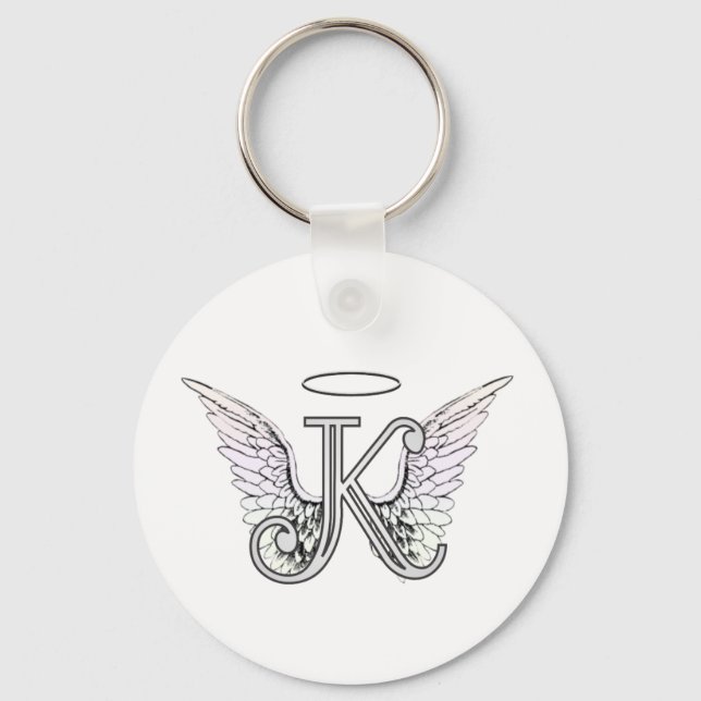 Letter K Initial Monogram with Angel Wings & Halo Key Ring (Front)
