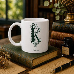 Letter K Linocut Botanical Personalised Mug