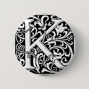 Letter K Mediaeval Monogram Art Nouveau 6 Cm Round Badge