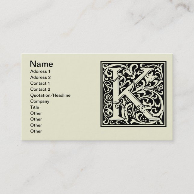 Letter K Mediaeval Monogram Art Nouveau Business Card (Front)