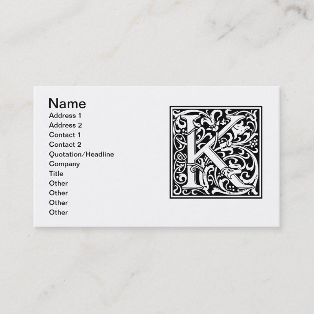Letter K Mediaeval Monogram Art Nouveau Business Card (Front)