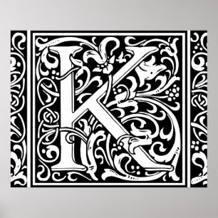 Letter K Mediaeval Monogram Art Nouveau Poster