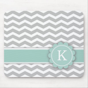 Letter K Mint Monogram Grey Chevron Mouse Mat