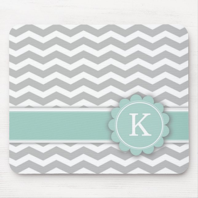 Letter K Mint Monogram Grey Chevron Mouse Mat (Front)