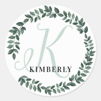 Letter K Monogram Custom Name Minimalist Botanical Classic Round Sticker