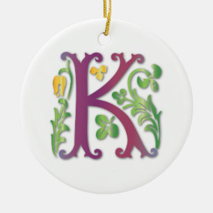 Letter K Monogram Fleur de lis Ceramic Tree Decoration