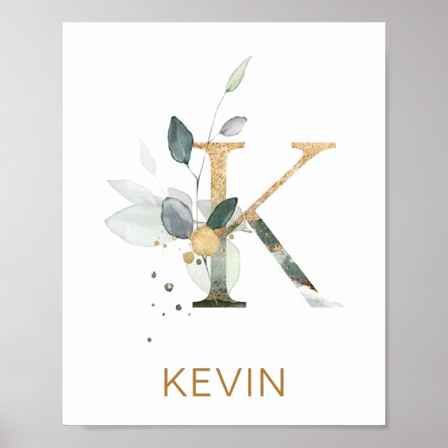Letter K Monogram Green & gold foliage Nursery Poster (Front)