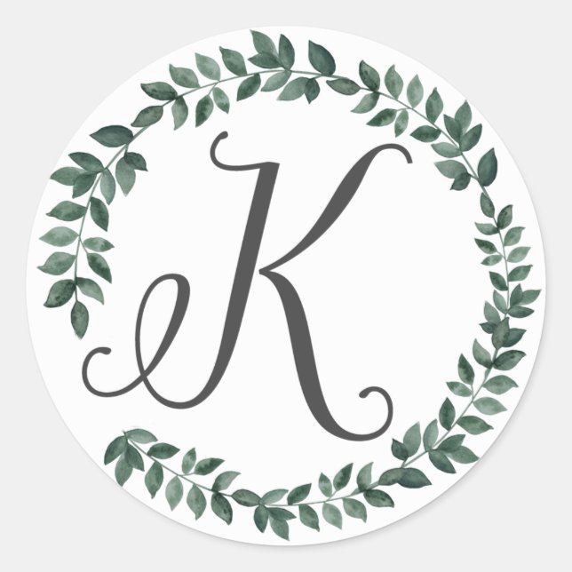 Letter K Monogram Minimalist Botanical Leaf Wreath Classic Round Sticker (Front)