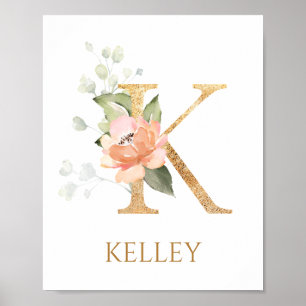 Letter K Monogram Pink Peach rose Nursery Poster
