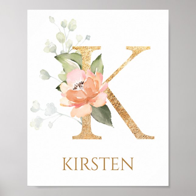 Letter K Monogram pink rose Nursery Poster (Front)