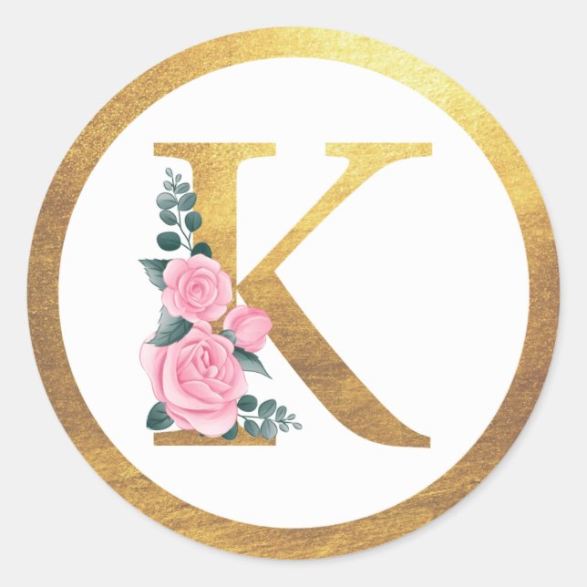 Letter K Monogram Pink Roses Floral & Elegant Gold Classic Round Sticker (Front)