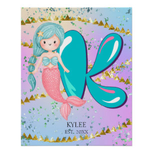 Letter K Monogram Watercolor Cute Mermaid Nursery Poster