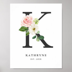 Letter K Monogram Watercolor Peach Florals Nursery Poster
