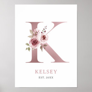 Letter K Monogram Watercolor Rose Florals Nursery  Poster