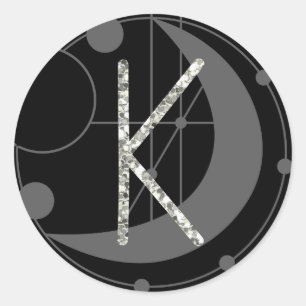 Letter K Rune Runic Monogram Geometric Moon Black Classic Round Sticker