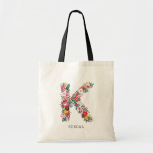 Letter K Whimsical Floral Letter Monogram I Tote Bag