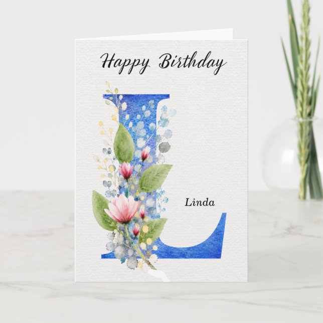 Letter L Birthday Custom Name Her Blue Monogram Card (Front)
