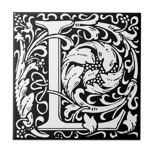 Letter L black and white William Morris Tile (Front)