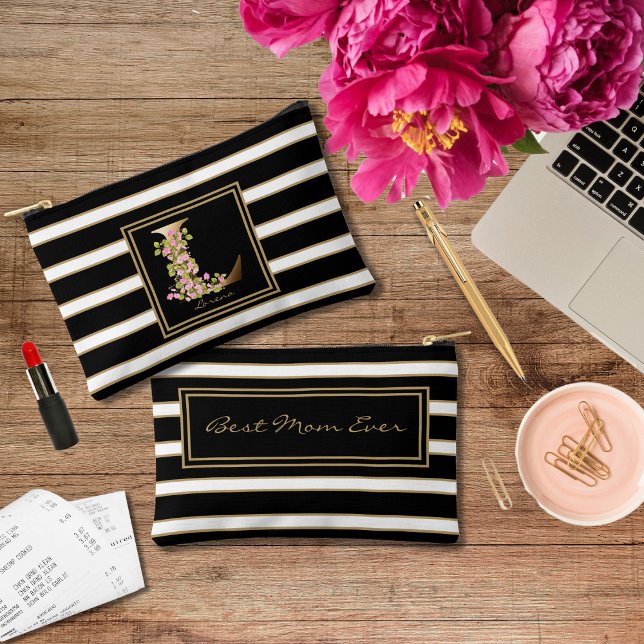 Letter L Floral Monogram Black White Gold Stripes Accessory Pouch (Creator Uploaded)
