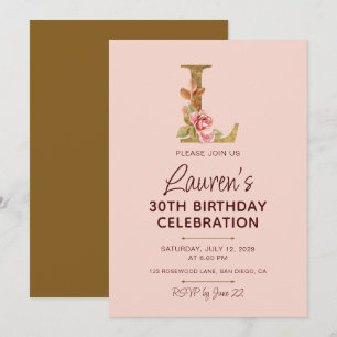 Letter L Gold Monogram Blush Pink Roses Invitation