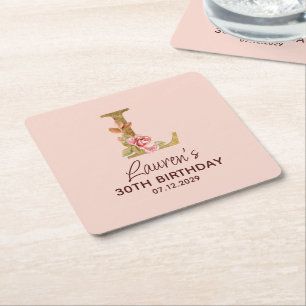 Letter L Gold Monogram Blush Pink Roses Square Paper Coaster