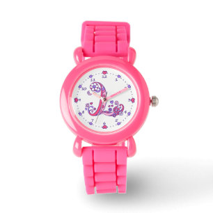 Letter L initial monogram doodle heart girls watch