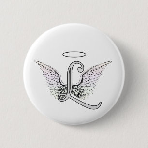 Letter L Initial Monogram with Angel Wings & Halo 6 Cm Round Badge