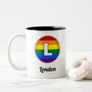 Letter L Initial & Name Gay Pride Rainbow Monogram Two-Tone Coffee Mug