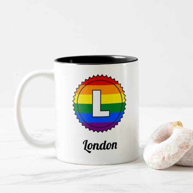 Letter L Initial & Name Gay Pride Rainbow Monogram Two-Tone Coffee Mug (With Donut)