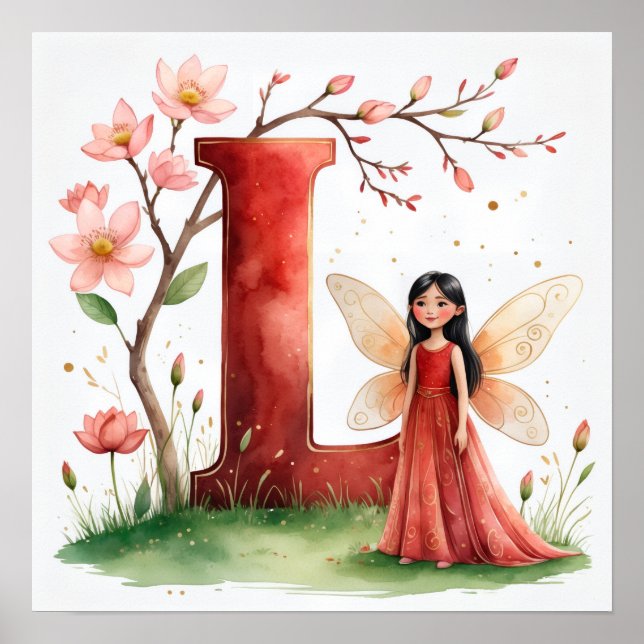 Letter L Lotus Flower Fairy Art Poster - Botanical (Front)