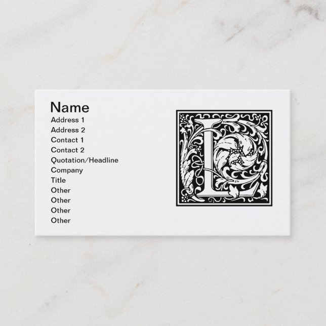 Letter L Mediaeval Monogram Art Nouveau Business Card (Front)