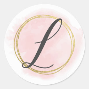 Letter L Monogram Blush Pink Watercolor Gold Chic Classic Round Sticker