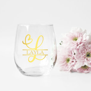 Letter L Monogram Bridesmaid Gift, Modern Elegant Stemless Wine Glass