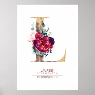 Letter L Monogram Floral Burgundy Red and Gold Poster