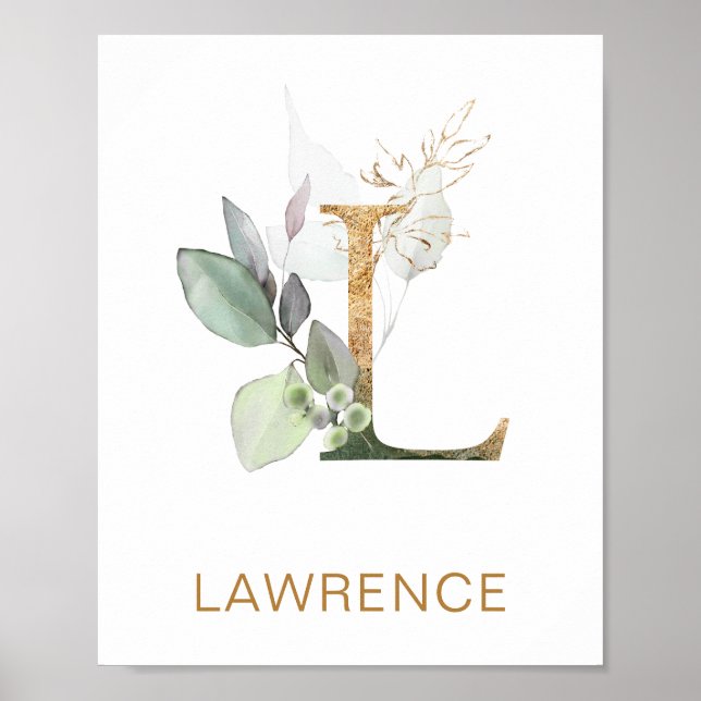 Letter L Monogram Green & gold foliage Nursery Poster (Front)