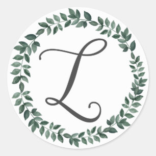 Letter L Monogram Minimalist Botanical Leaf Wreath Classic Round Sticker